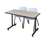 Regency Kobe 48 x 30 in. T-Base Training Seminar Table- Maple, 2 M Stack Chairs- Grey