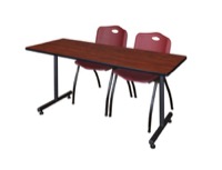 Regency Kobe 60 x 24 in. T-Base Training Seminar Table- Cherry, 2 M Stack Chairs- Burgundy