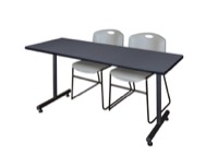 Regency Kobe 60 x 24 in. T-Base Training Seminar Table- Grey, 2 Zeng Stack Chairs- Grey