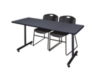 Regency Kobe 60 x 30 in. T-Base Training Seminar Table- Grey, 2 Zeng Stack Chairs- Black