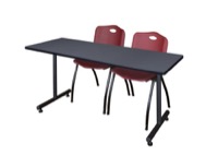Regency Kobe 60 x 30 in. T-Base Training Seminar Table- Grey, 2 M Stack Chairs- Burgundy