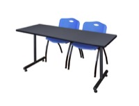 Regency Kobe 66 x 24 in. T-Base Training Seminar Table- Grey, 2 M Stack Chairs- Blue