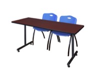 Regency Kobe 66 x 24 in. T-Base Training Seminar Table- Mahogany, 2 M Stack Chairs- Blue