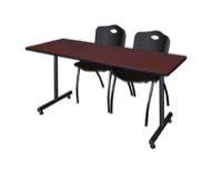 Regency Kobe 66 x 24 in. T-Base Training Seminar Table- Mahogany, 2 M Stack Chairs- Black