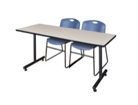 Regency Kobe 66 x 24 in. T-Base Training Seminar Table- Maple, 2 Zeng Stack Chairs- Blue
