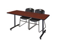 Regency Kobe 66 x 30 in. T-Base Training Seminar Table- Cherry, 2 Zeng Stack Chairs- Black