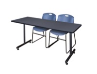 Regency Kobe 66 x 30 in. T-Base Training Seminar Table- Grey, 2 Zeng Stack Chairs- Blue