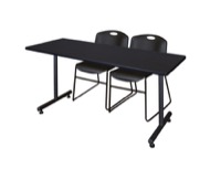 66" x 30" Kobe Training Table - Mocha Walnut and 2 Zeng Stack Chairs - Black