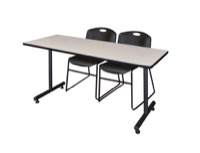 Regency Kobe 66 x 30 in. T-Base Training Seminar Table- Maple, 2 Zeng Stack Chairs- Black