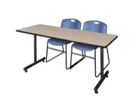 72" x 24" Kobe Training Table - Beige & 2 Zeng Stack Chairs - Blue