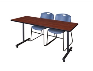 72" x 24" Kobe Training Table - Cherry & 2 Zeng Stack Chairs - Blue