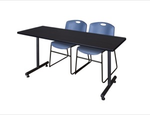 72" x 24" Kobe Training Table - Mocha Walnut & 2 Zeng Stack Chairs - Blue