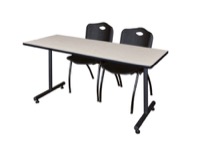 Regency Kobe 72 x 24 in. T-Base Training Seminar Table- Maple, 2 M Stack Chairs- Black