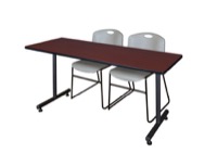 Regency Kobe 72 x 30 in. T-Base Training Seminar Table- Mahogany, 2 Zeng Stack Chairs- Grey