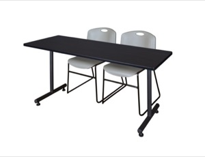 72" x 30" Kobe Training Table - Mocha Walnut and 2 Zeng Stack Chairs - Grey