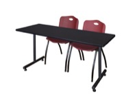 72" x 30" Kobe Training Table - Mocha Walnut and 2 "M" Stack Chairs - Burgundy