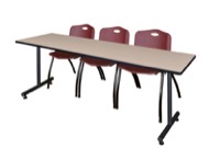 84" x 24" Kobe Training Table - Beige & 3 'M' Stack Chairs - Burgundy