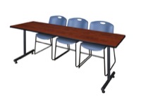 Regency Kobe 84 x 24 in. T-Base Training Seminar Table- Cherry, 2 Zeng Stack Chairs- Blue