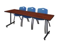 Regency Kobe 84 x 24 in. T-Base Training Seminar Table- Cherry, 2 M Stack Chairs- Blue