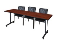 84" x 24" Kobe Training Table - Cherry & 3 Mario Stack Chairs - Black