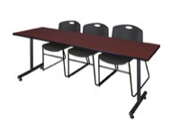 Regency Kobe 84 x 24 in. T-Base Training Seminar Table- Mahogany, 2 Zeng Stack Chairs- Black