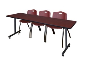 84" x 24" Kobe Training Table - Mahogany & 3 'M' Stack Chairs - Burgundy