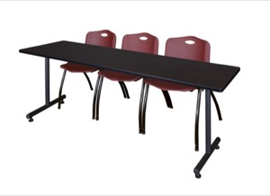 84" x 24" Kobe Training Table - Mocha Walnut & 3 'M' Stack Chairs - Burgundy