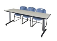 Regency Kobe 84 x 24 in. T-Base Training Seminar Table- Maple, 2 Zeng Stack Chairs- Blue