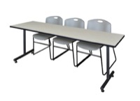 Regency Kobe 84 x 24 in. T-Base Training Seminar Table- Maple, 2 Zeng Stack Chairs- Grey