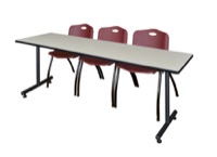 Regency Kobe 84 x 24 in. T-Base Training Seminar Table- Maple, 2 M Stack Chairs- Burgundy