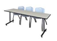 Regency Kobe 84 x 24 in. T-Base Training Seminar Table- Maple, 2 M Stack Chairs- Grey