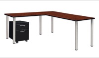 Kee 60" Single Pedestal L-Desk with 42" Return, Cherry/Chrome