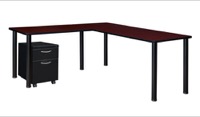 Kee 60" Single Pedestal L-Desk with 42" Return, Mahogany/Black