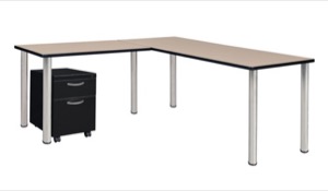 Kee 66" Single Pedestal L-Desk with 42" Return, Beige/Chrome