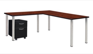 Kee 66" Single Pedestal L-Desk with 42" Return, Cherry/Chrome