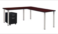Regency Kee 66 x 66 in. Corner L Shaped Desk with Pedestal Drawer- Mahogany Top, Chrome Legs
