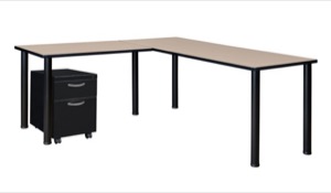 Kee 72" Single Pedestal L-Desk with 42" Return, Beige/Black
