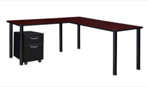 Kee 72" Single Pedestal L-Desk with 42" Return, Mahogany/Black
