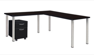 Kee 72" Single Pedestal L-Desk with 42" Return, Mocha Walnut/Chrome
