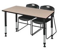 Kee 48" x 24" Height Adjustable Classroom Table  - Beige & 2 Zeng Stack Chairs - Black 