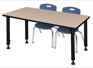Kee 48" x 24" Height Adjustable Classroom Table  - Beige & 2 Andy 12-in Stack Chairs - Navy Blue 