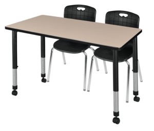 Kee 48" x 24" Height Adjustable Mobile Classroom Table  - Beige & 2 Andy 18-in Stack Chairs - Black