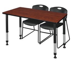 Kee 48" x 24" Height Adjustable Classroom Table  - Cherry & 2 Zeng Stack Chairs - Black