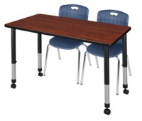 Regency Kee 48 x 24 in. Mobile Adjustable Classroom Table- Cherry & 2 Andy 18 in. Stack Chairs- Blue