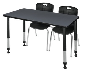 Kee 48" x 24" Height Adjustable Classroom Table  - Grey & 2 Andy 18-in Stack Chairs - Black