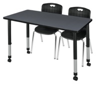 Regency Kee 48 x 24 in. Mobile Adjustable Classroom Table- Grey & 2 Andy 18 in. Stack Chairs- Black