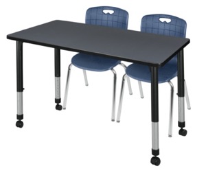 Kee 48" x 24" Height Adjustable Mobile Classroom Table  - Grey & 2 Andy 18-in Stack Chairs - Navy Blue