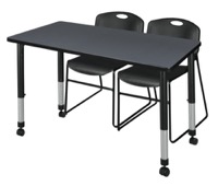 Regency Kee 48 x 24 in. Mobile Adjustable Classroom Table- Grey & 2 Zeng Stack Chairs- Black