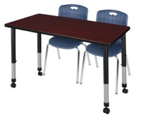 Regency Kee 48 x 24 in. Mobile Adjustable Classroom Table- Mahogany & 2 Andy 18 in. Stack Chairs- Blue