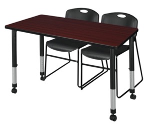 Kee 48" x 24" Height Adjustable Mobile Classroom Table  - Mahogany & 2 Zeng Stack Chairs - Black